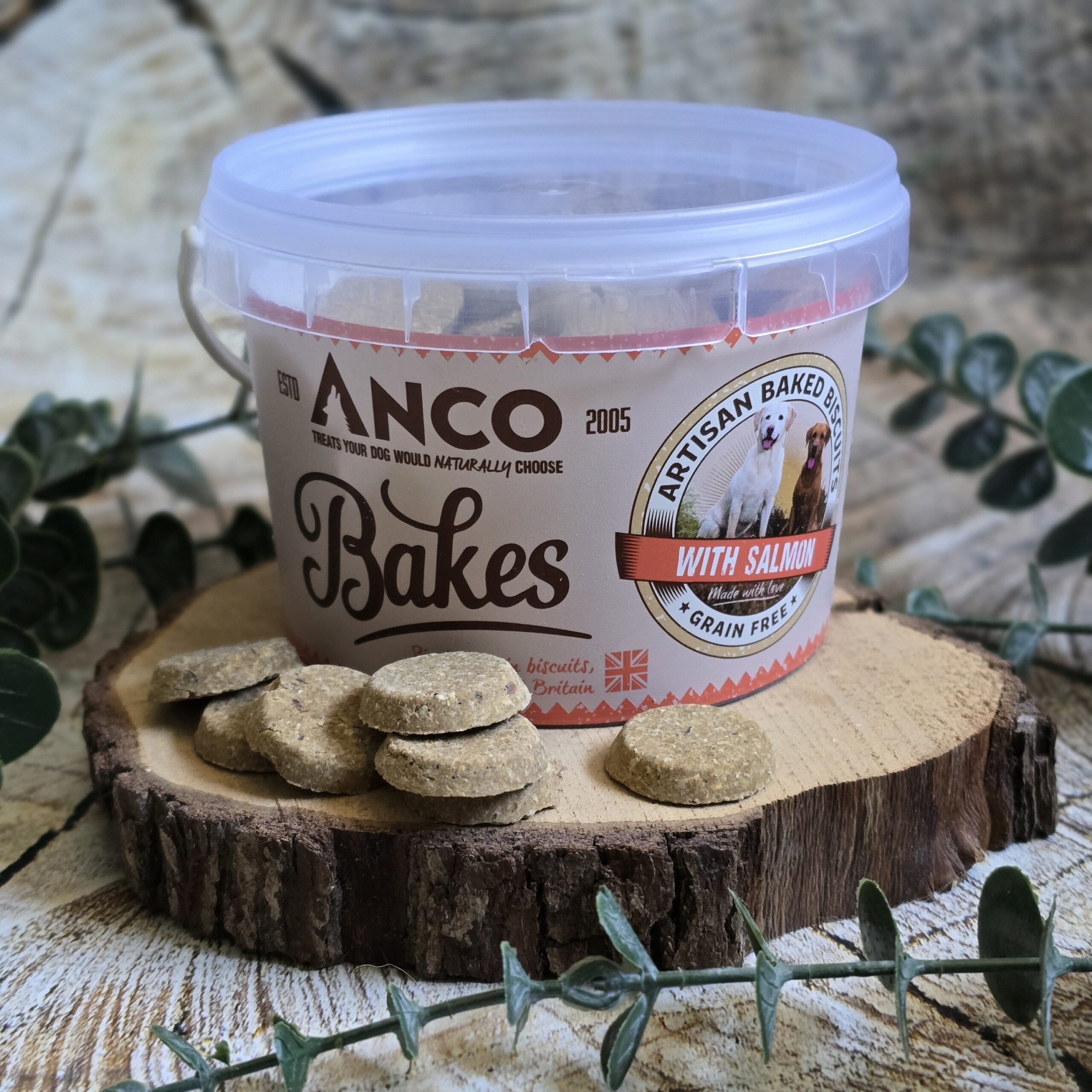 anco bakes with salmon, dog biscuits